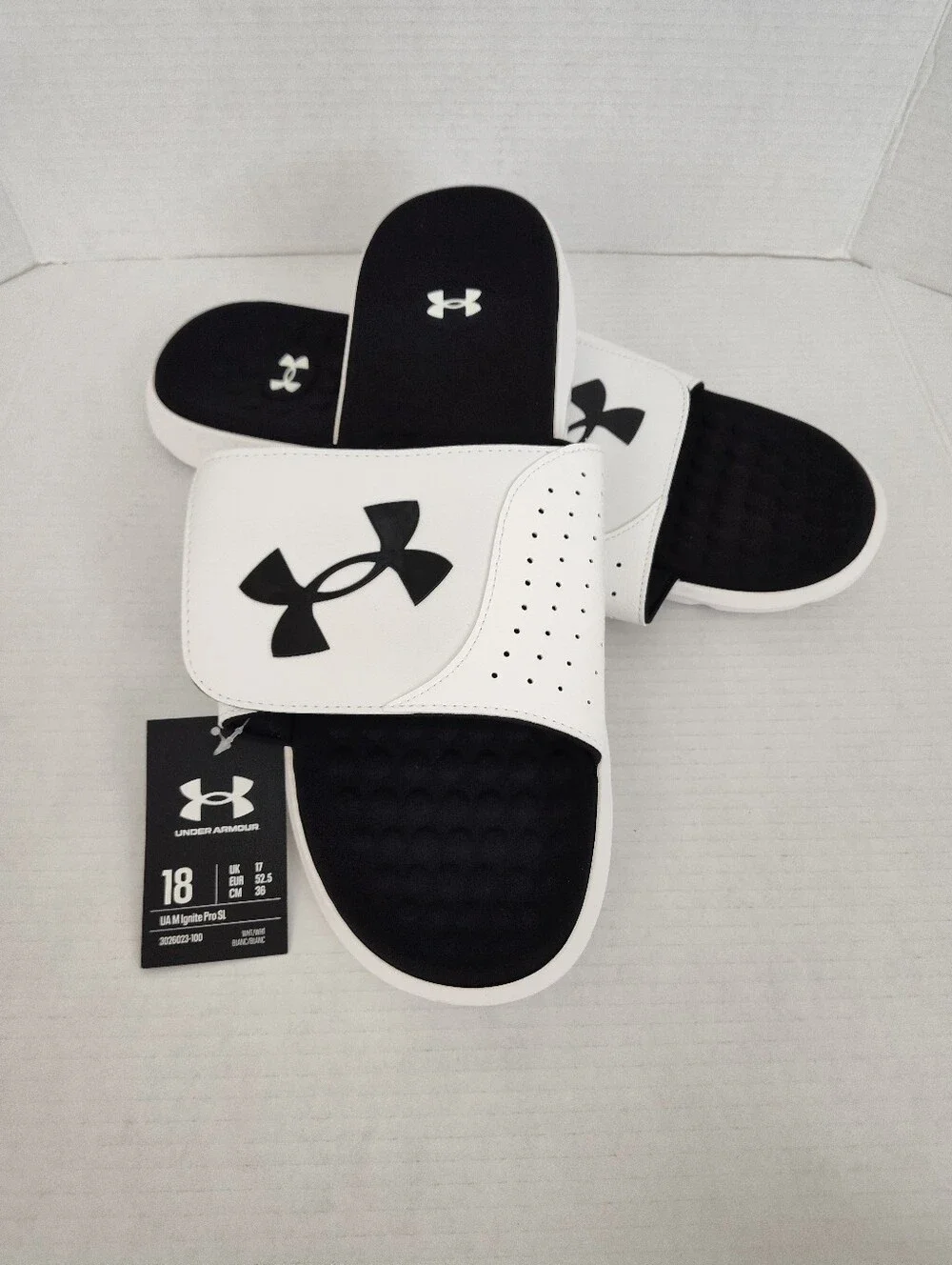 Under Armour Men's Ignite Pro Slide Sandals Size 18 White Black #3026023-100